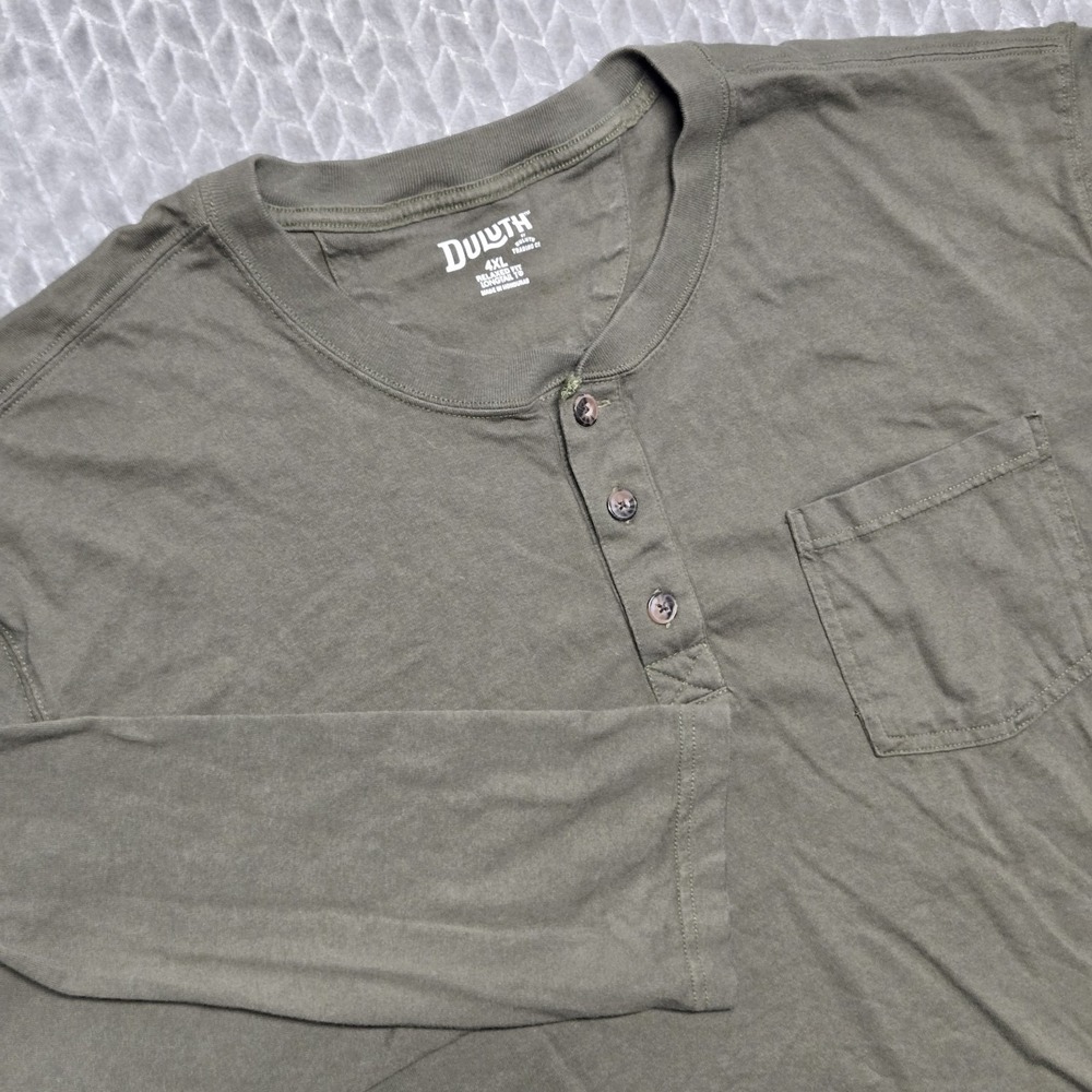 Duluth Trading Co. Longtail Men's Henley Long Sleeve Pocket Tee Olive Green 4XL